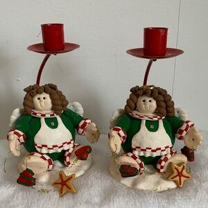 Vintage Tacky Handmade Holiday Angel Candle Holder Pair - Red and Green